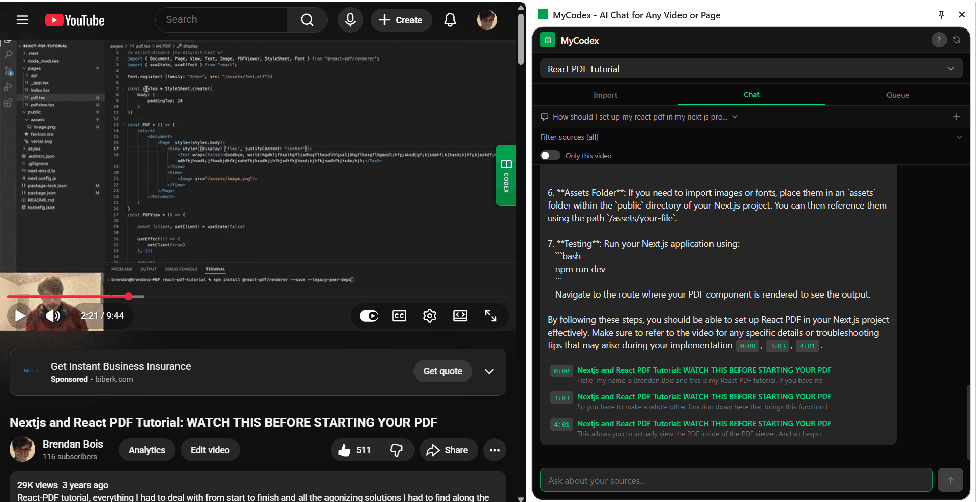 myCodex Chrome Extension in action — side panel open next to a website